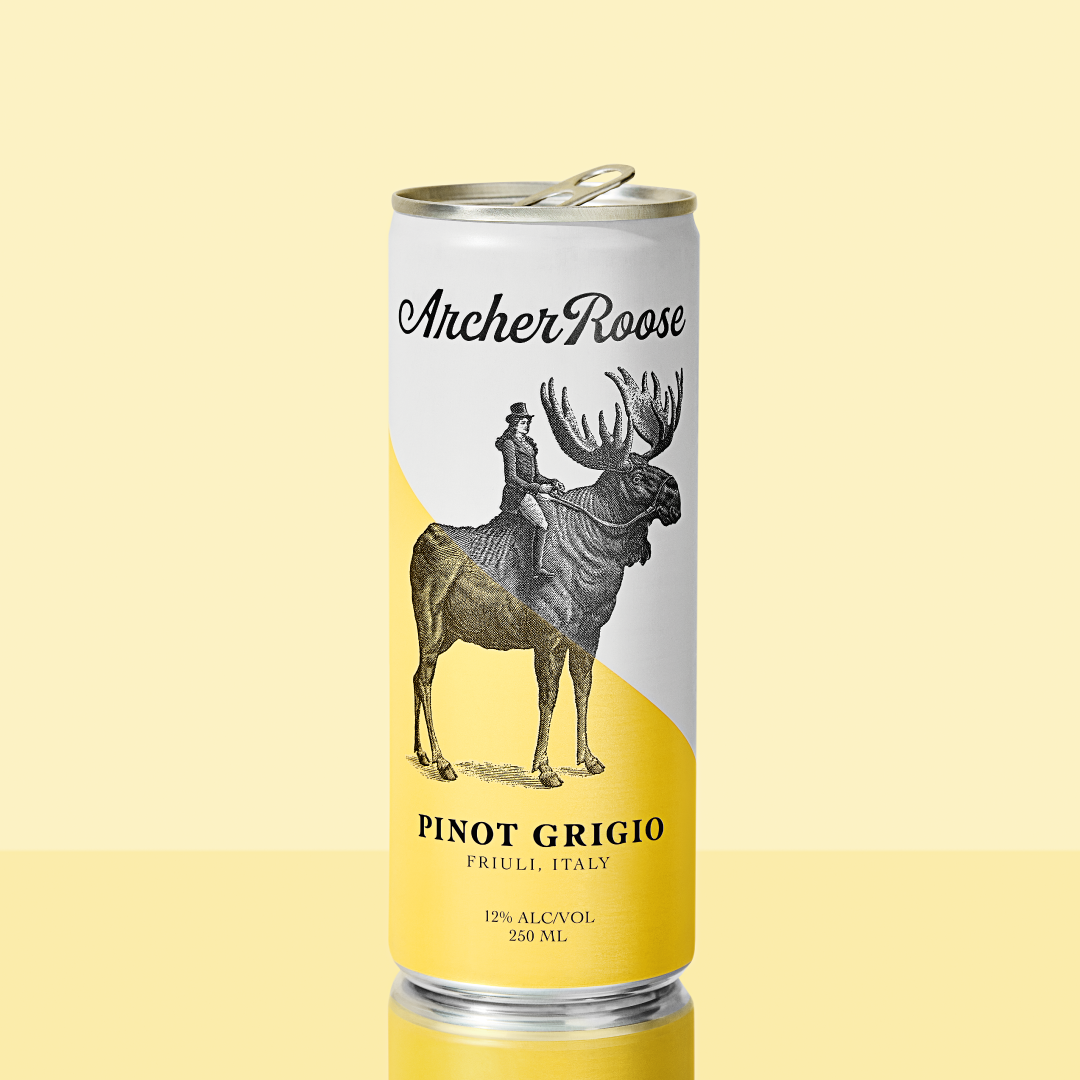 Archer Roose Pinot Grigio Wine in a Can on a reflective surface | Archer Roose Wines | Wine in a Can | Canned Wine | Luxury Wine. In Cans | Pinot Grigio